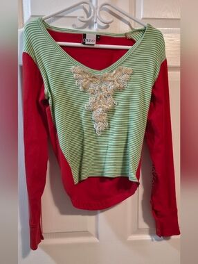 4/$67 Deal! Gsus Vibrant Green Stripe & Red Long Sleeve Embroidered Tee